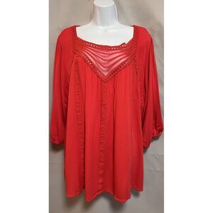 Torrid 1 Red Embroidered & Crochet Trim‎ Top; Plus Size Blouse 3X Shirt